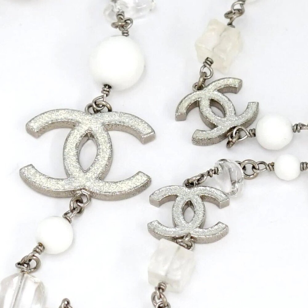 CHANEL CC Logos White Stone Gripoix Cube Necklace 36" Silver Tone B10A Auth - Picture 5 of 7